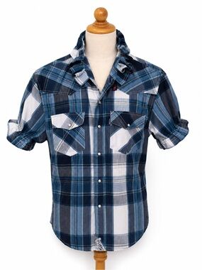 Collard Levi's Navy and White Plaid Short-Sleeve Button-Down Shirt
